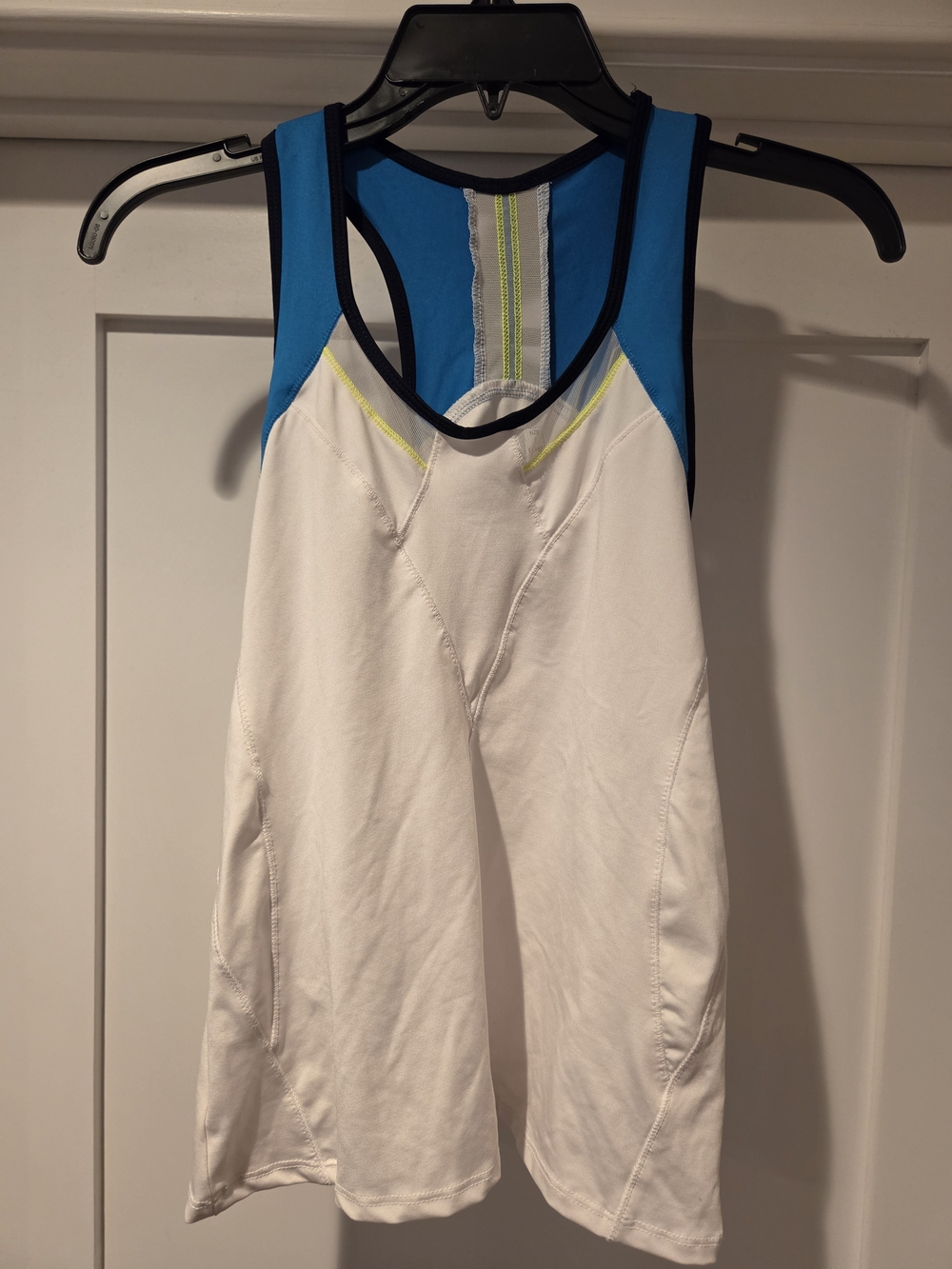 Lucky in Love White Athletic Tank with Blue and Neon Yellow Accents